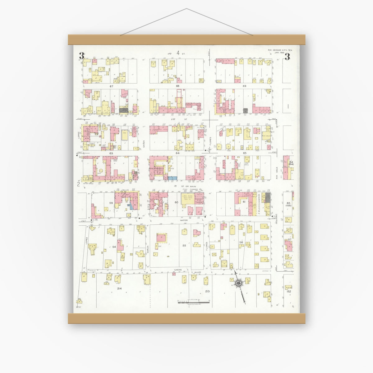 Old map wall art mockup — magnetic wood frame on white wall — Sanborn Fire Insurance Map from Rio Grande City, Starr County, Texas (1940), Sheet #0003