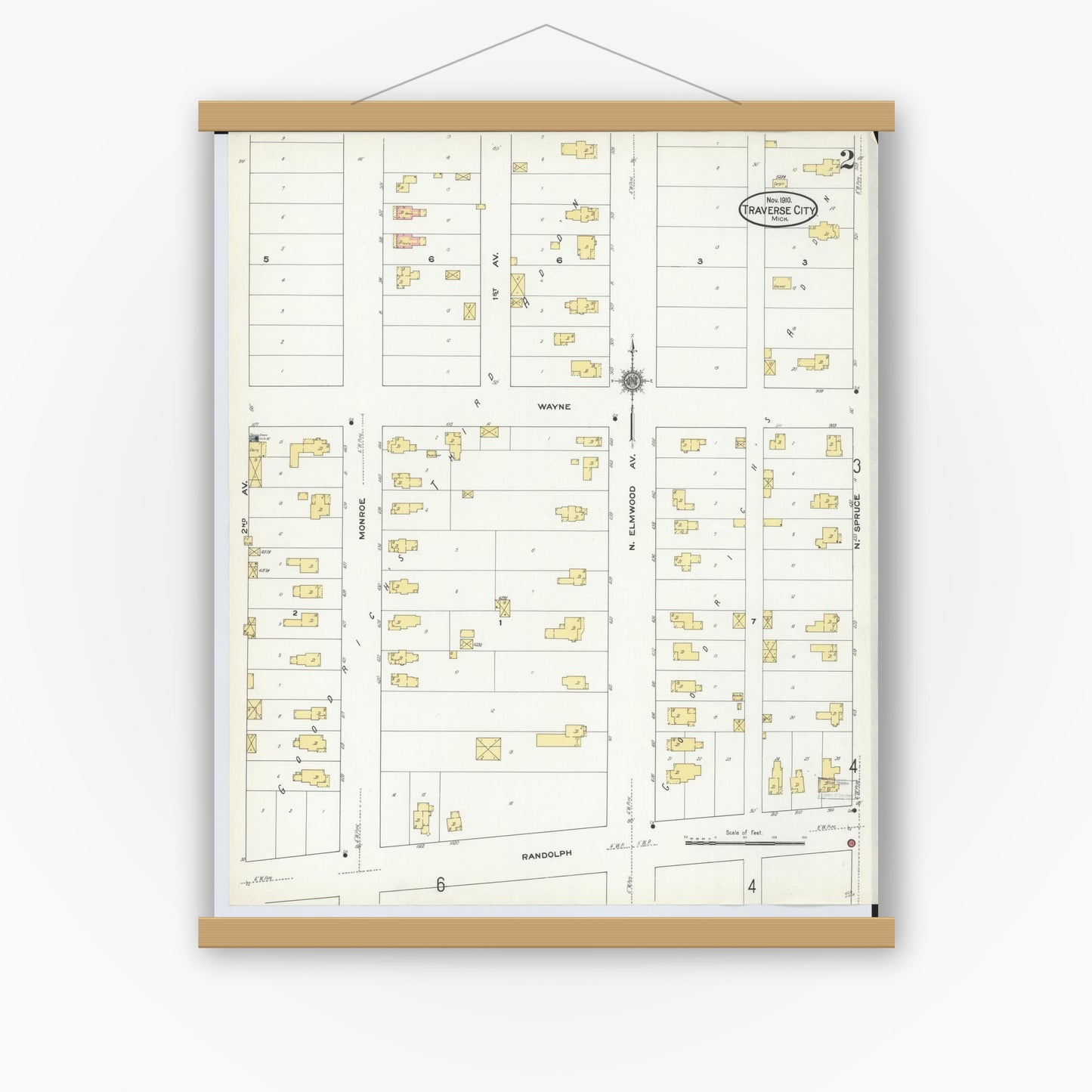 Old map wall art mockup — magnetic wood frame on white wall — Sanborn Fire Insurance Map from Traverse City, Grand Traverse County, Michigan (1910), Sheet #0002