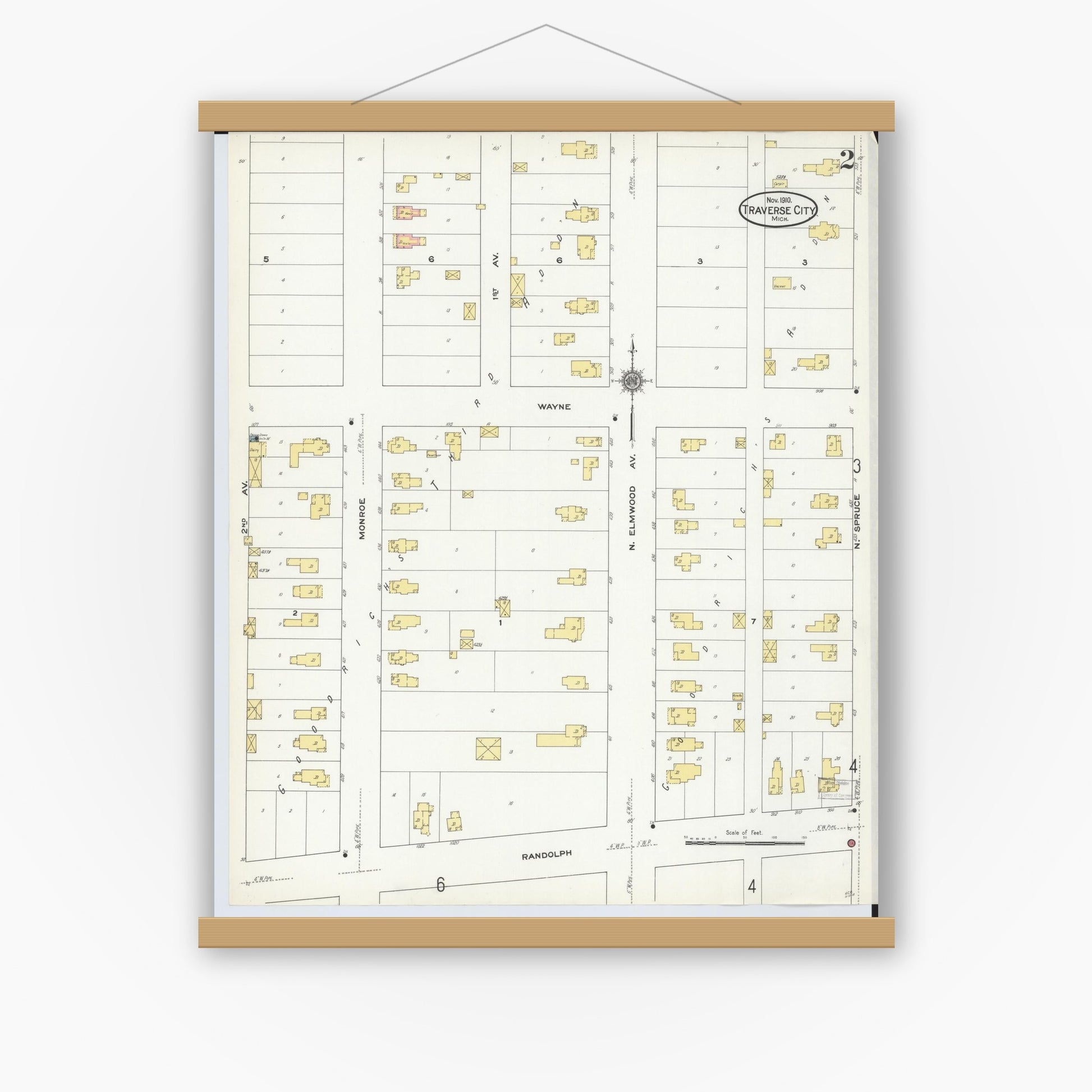 Old map wall art mockup — magnetic wood frame on white wall — Sanborn Fire Insurance Map from Traverse City, Grand Traverse County, Michigan (1910), Sheet #0002