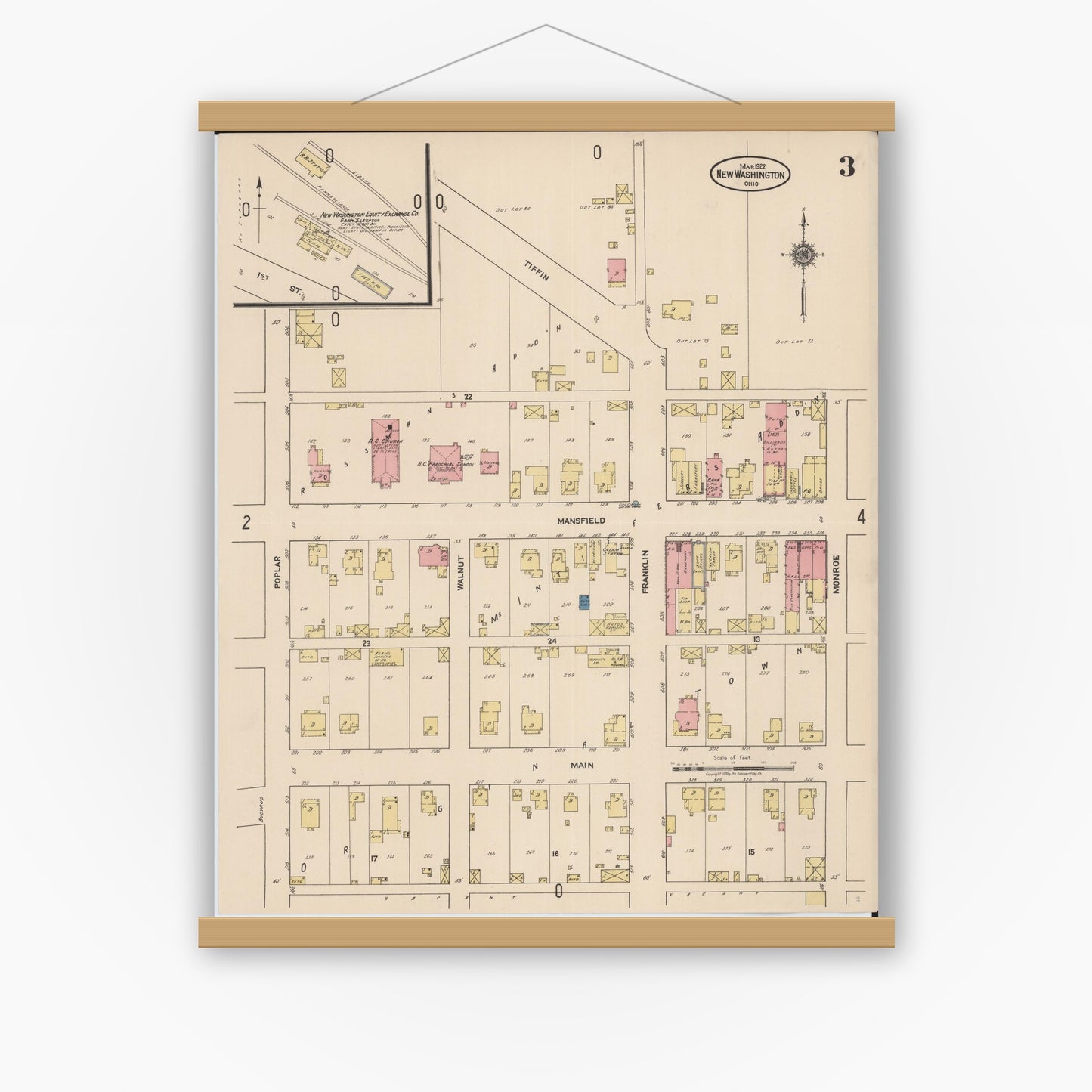 Old map wall art mockup — magnetic wood frame on white wall — Sanborn Fire Insurance Map from New Washington, Crawford County, Ohio (1922), Sheet #0003