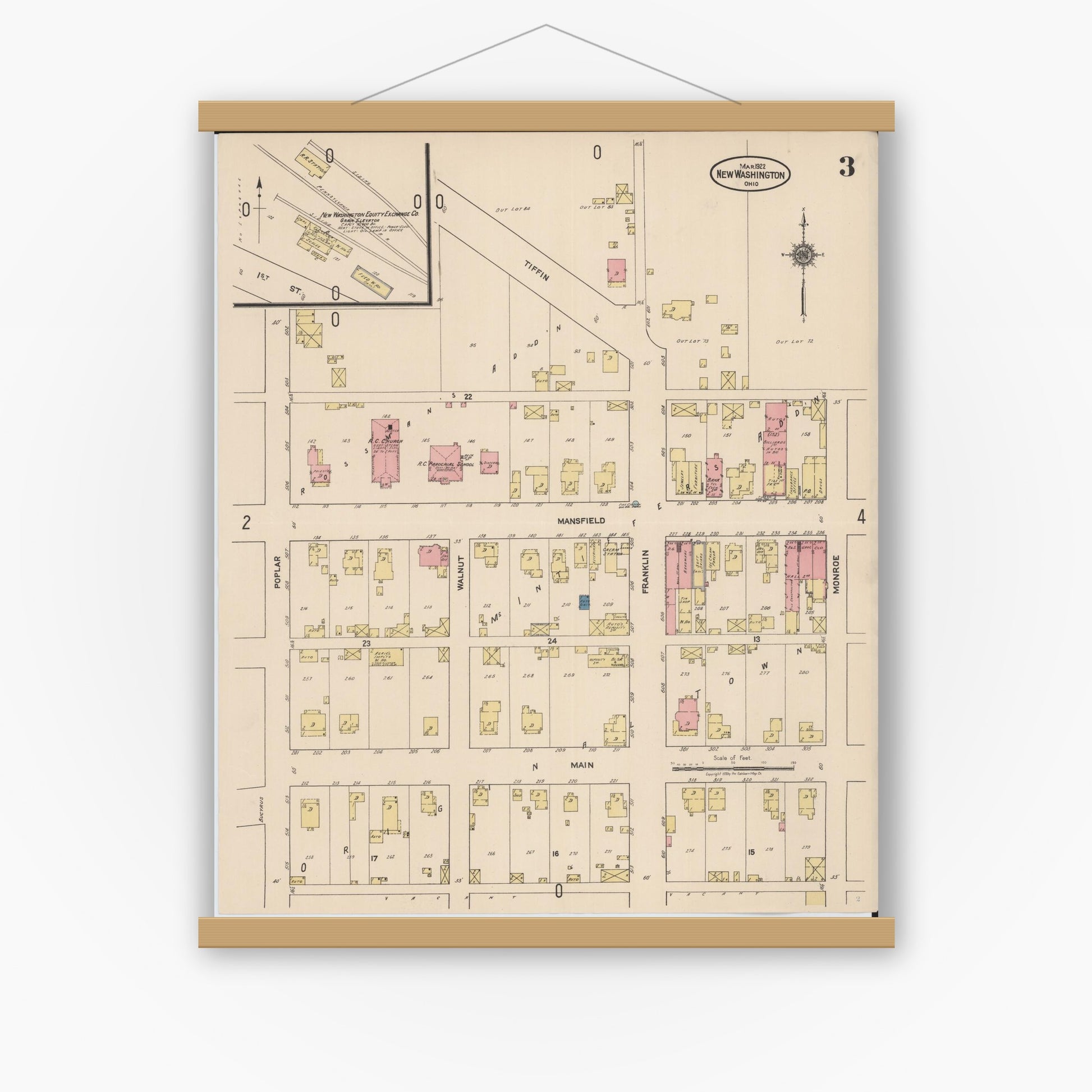 Old map wall art mockup — magnetic wood frame on white wall — Sanborn Fire Insurance Map from New Washington, Crawford County, Ohio (1922), Sheet #0003