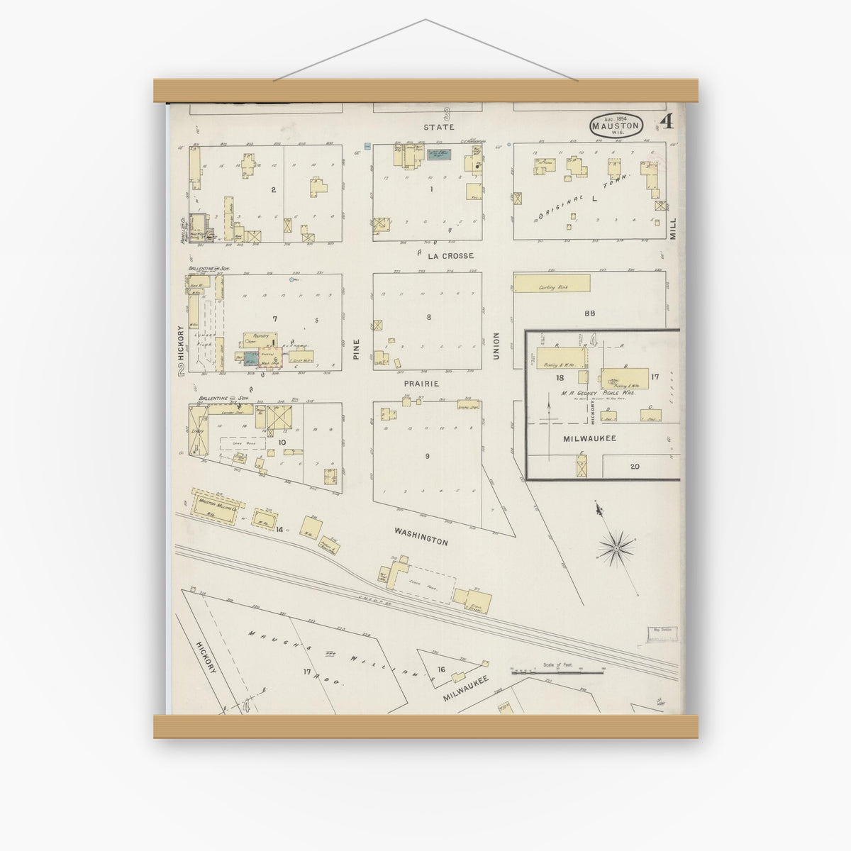 Old map wall art mockup — magnetic wood frame on white wall — Sanborn Fire Insurance Map from Mauston, Juneau County, Wisconsin (1894), Sheet #0004