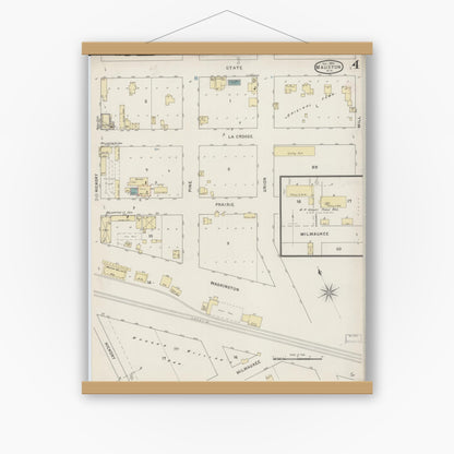 Old map wall art mockup — magnetic wood frame on white wall — Sanborn Fire Insurance Map from Mauston, Juneau County, Wisconsin (1894), Sheet #0004