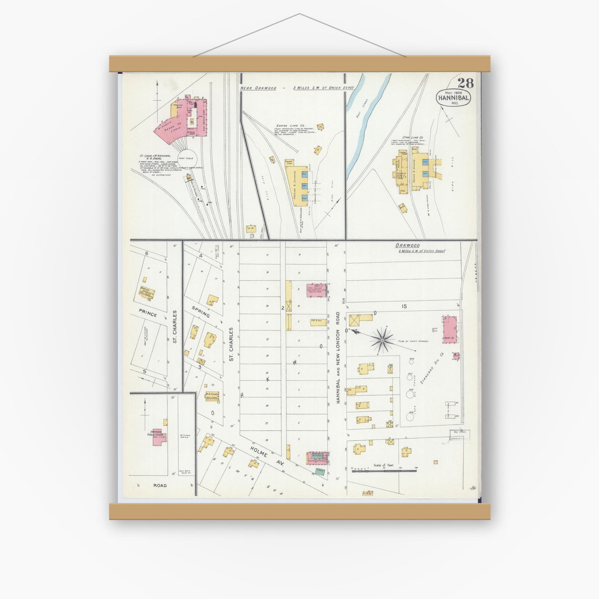 Old map wall art mockup — magnetic wood frame on white wall — Sanborn Fire Insurance Map from Hannibal, Marion County, Missouri (1906), Sheet #0028