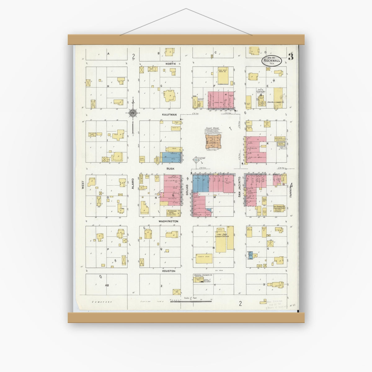 Old map wall art mockup — magnetic wood frame on white wall — Sanborn Fire Insurance Map from Rockwall, Rockwall County, Texas (1911), Sheet #0003