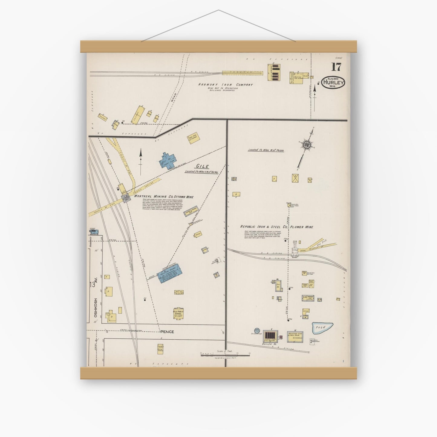 Old map wall art mockup — magnetic wood frame on white wall — Sanborn Fire Insurance Map from Hurley, Iron County, Wisconsin (1922), Sheet #0017