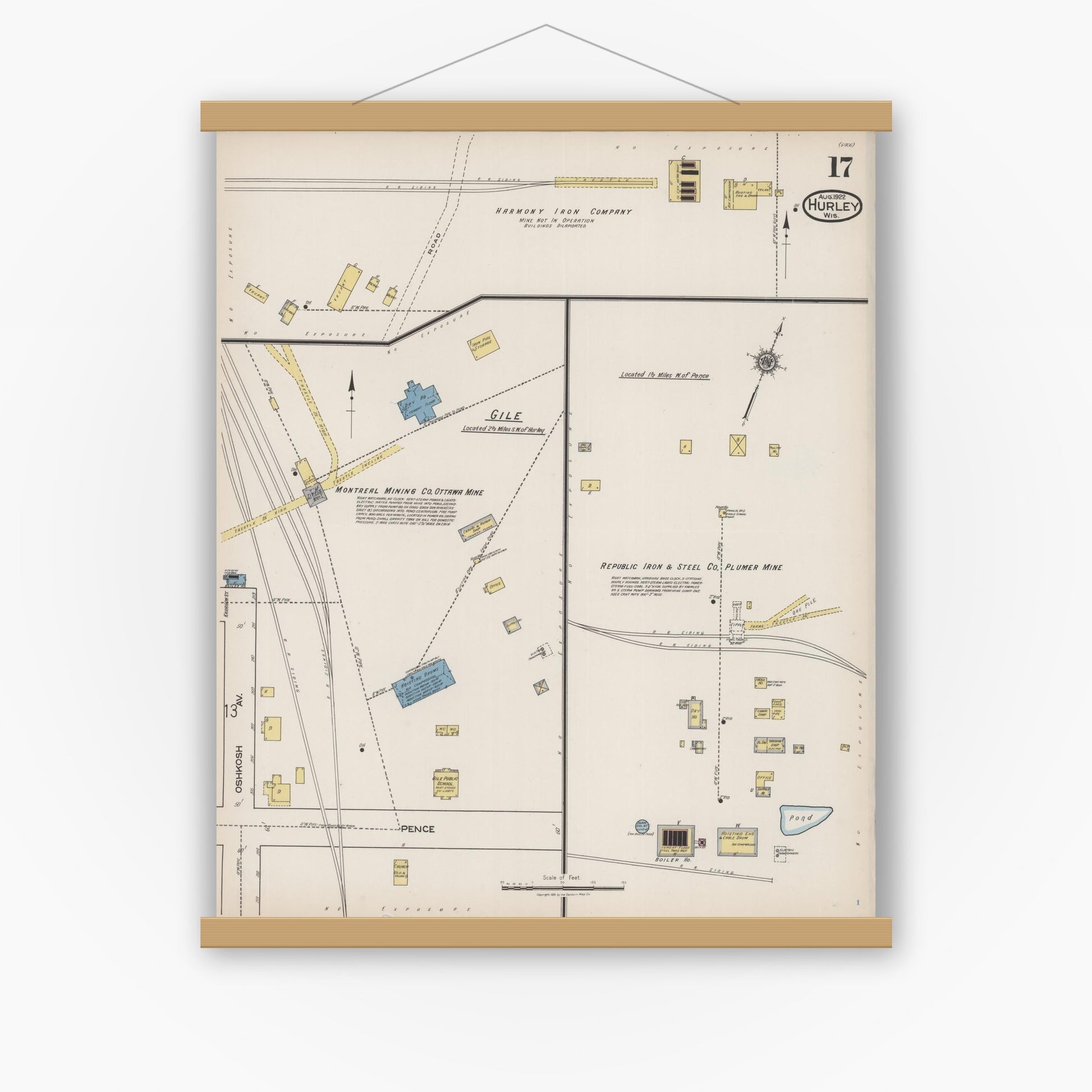 Old map wall art mockup — magnetic wood frame on white wall — Sanborn Fire Insurance Map from Hurley, Iron County, Wisconsin (1922), Sheet #0017