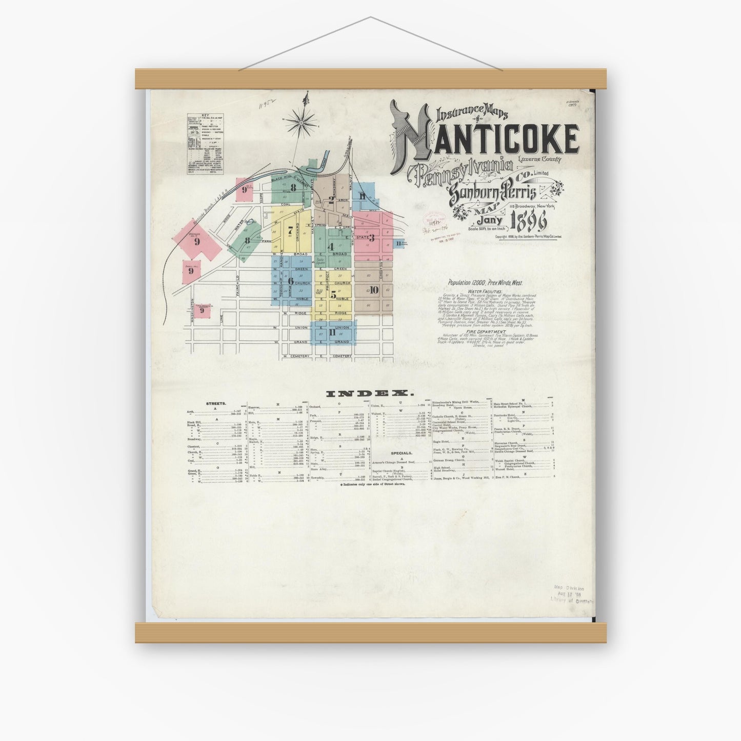Old map wall art mockup — magnetic wood frame on white wall — Sanborn Fire Insurance Map from Nanticoke, Luzerne County, Pennsylvania (1896) - Complete Map Set