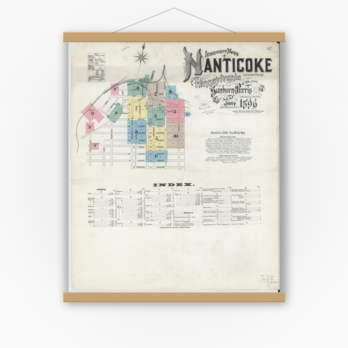 Old map wall art mockup — magnetic wood frame on white wall — Sanborn Fire Insurance Map from Nanticoke, Luzerne County, Pennsylvania (1896) - Complete Map Set