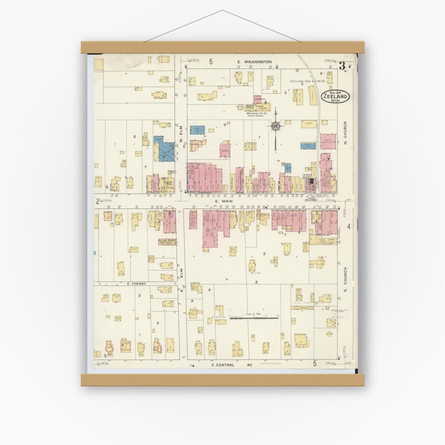 Old map wall art mockup — magnetic wood frame on white wall — Sanborn Fire Insurance Map from Zeeland, Ottawa County, Michigan (1916), Sheet #0003