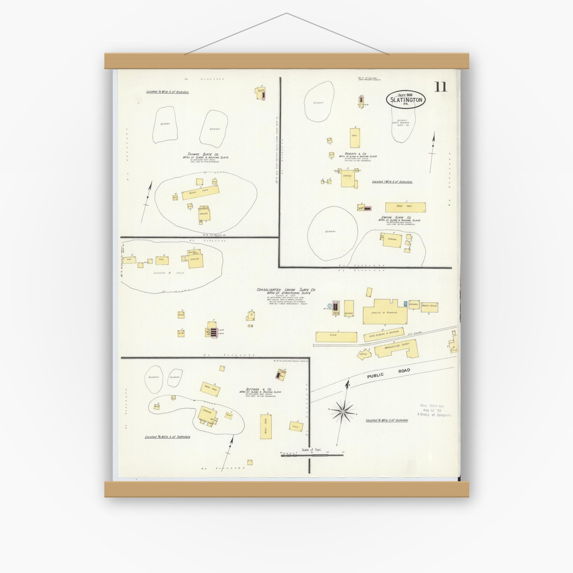 Old map wall art mockup — magnetic wood frame on white wall — Sanborn Fire Insurance Map from Slatington, Lehigh County, Pennsylvania (1908), Sheet #0011