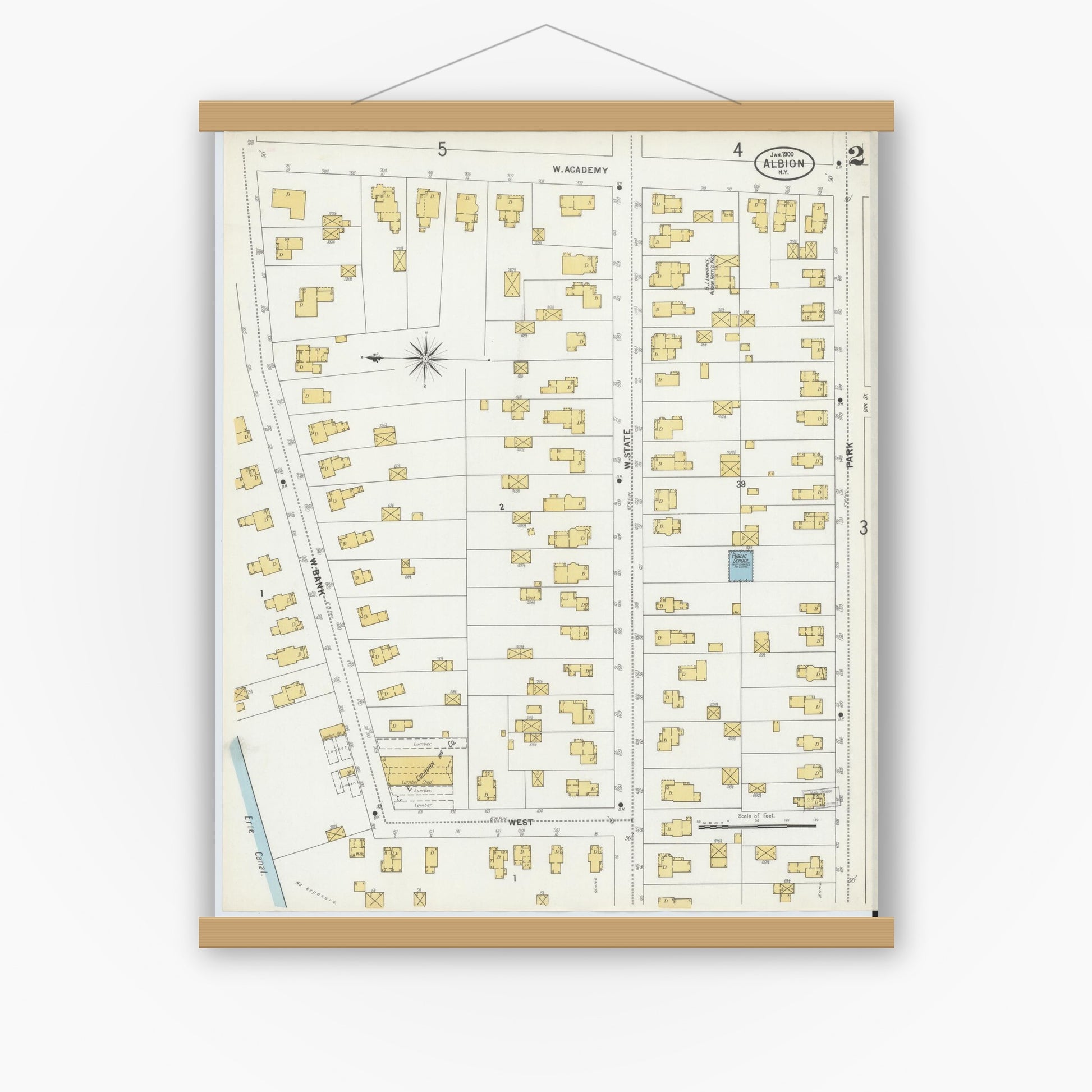 Old map wall art mockup — magnetic wood frame on white wall — Sanborn Fire Insurance Map from Albion, Orleans County, New York (1900) - Complete Map Set