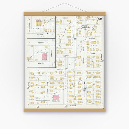 Old map wall art mockup — magnetic wood frame on white wall — Sanborn Fire Insurance Map from Bloomington, McLean County, Illinois (1901), Sheet #0028