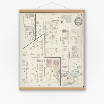 Old map wall art mockup — magnetic wood frame on white wall — Sanborn Fire Insurance Map from Dowagiac, Cass County, Michigan (1884) - Complete Map Set