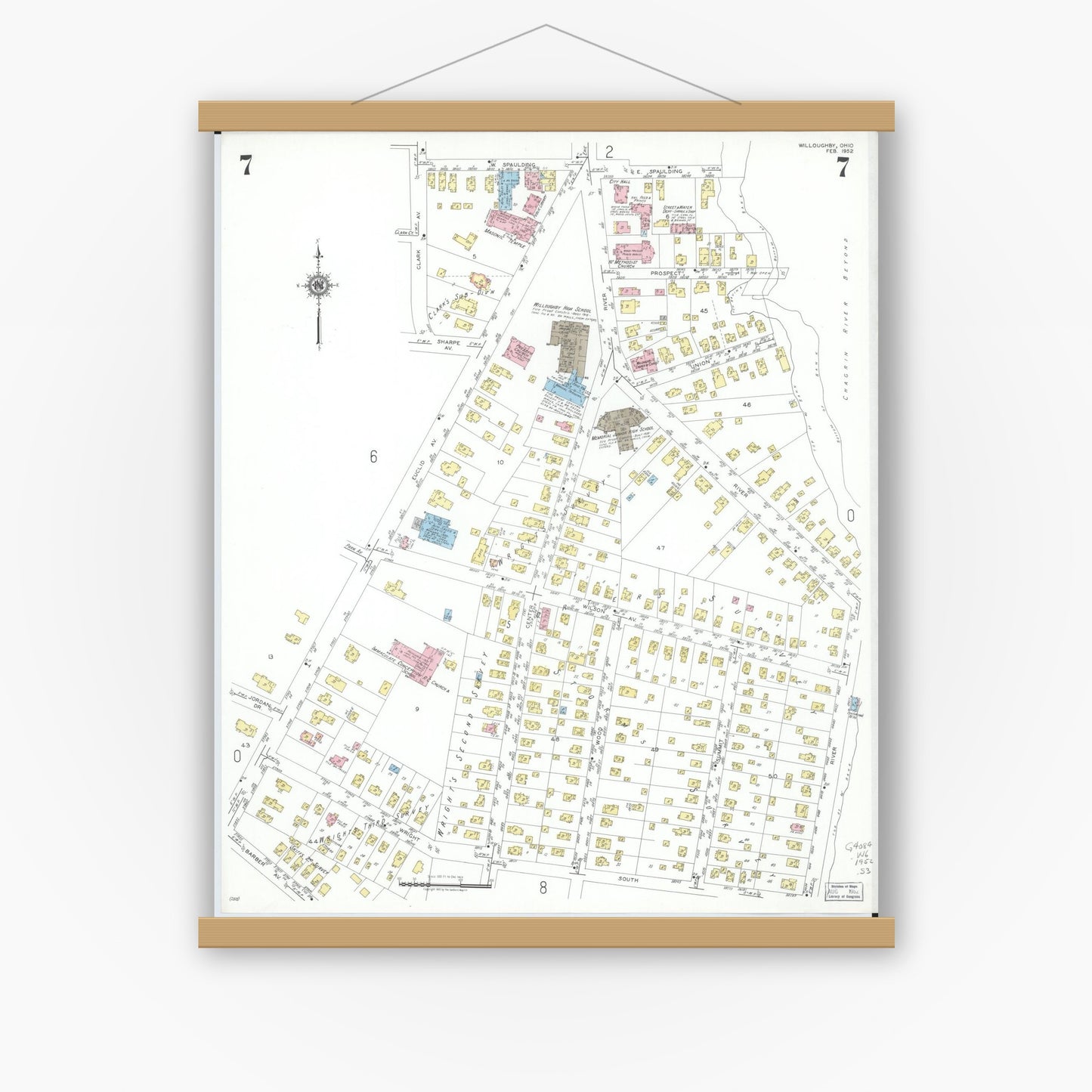 Old map wall art mockup — magnetic wood frame on white wall — Sanborn Fire Insurance Map from Willoughby, Lake County, Ohio (1952), Sheet #0007