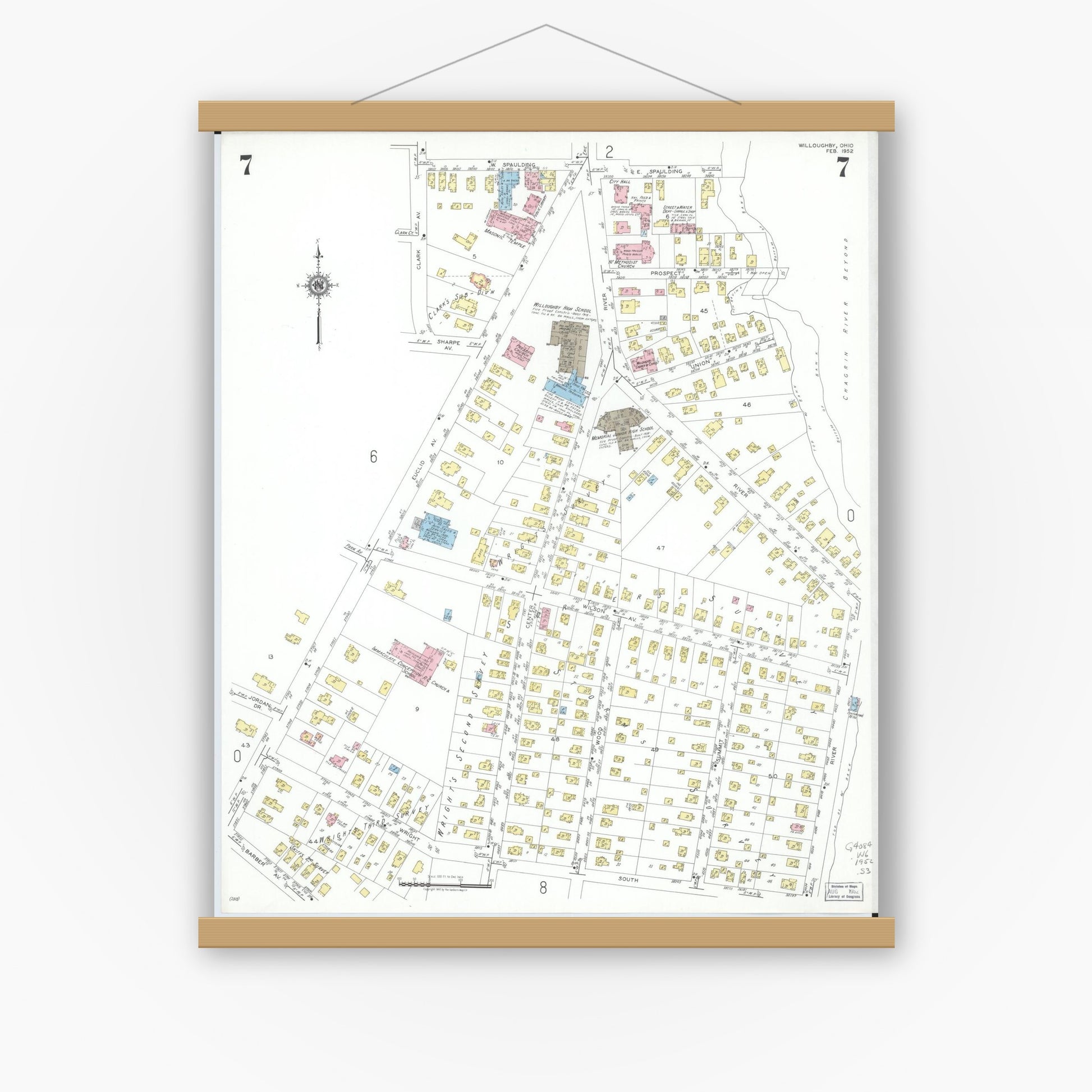 Old map wall art mockup — magnetic wood frame on white wall — Sanborn Fire Insurance Map from Willoughby, Lake County, Ohio (1952), Sheet #0007