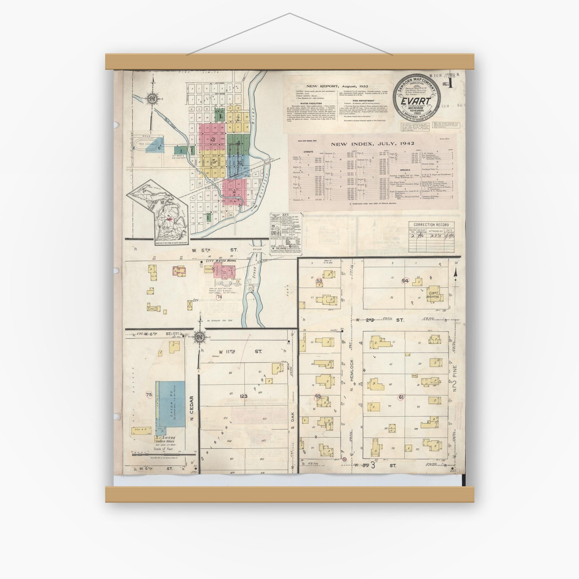 Old map wall art mockup — magnetic wood frame on white wall — Sanborn Fire Insurance Map from Evart, Osceola County, Michigan (1942) - Complete Map Set