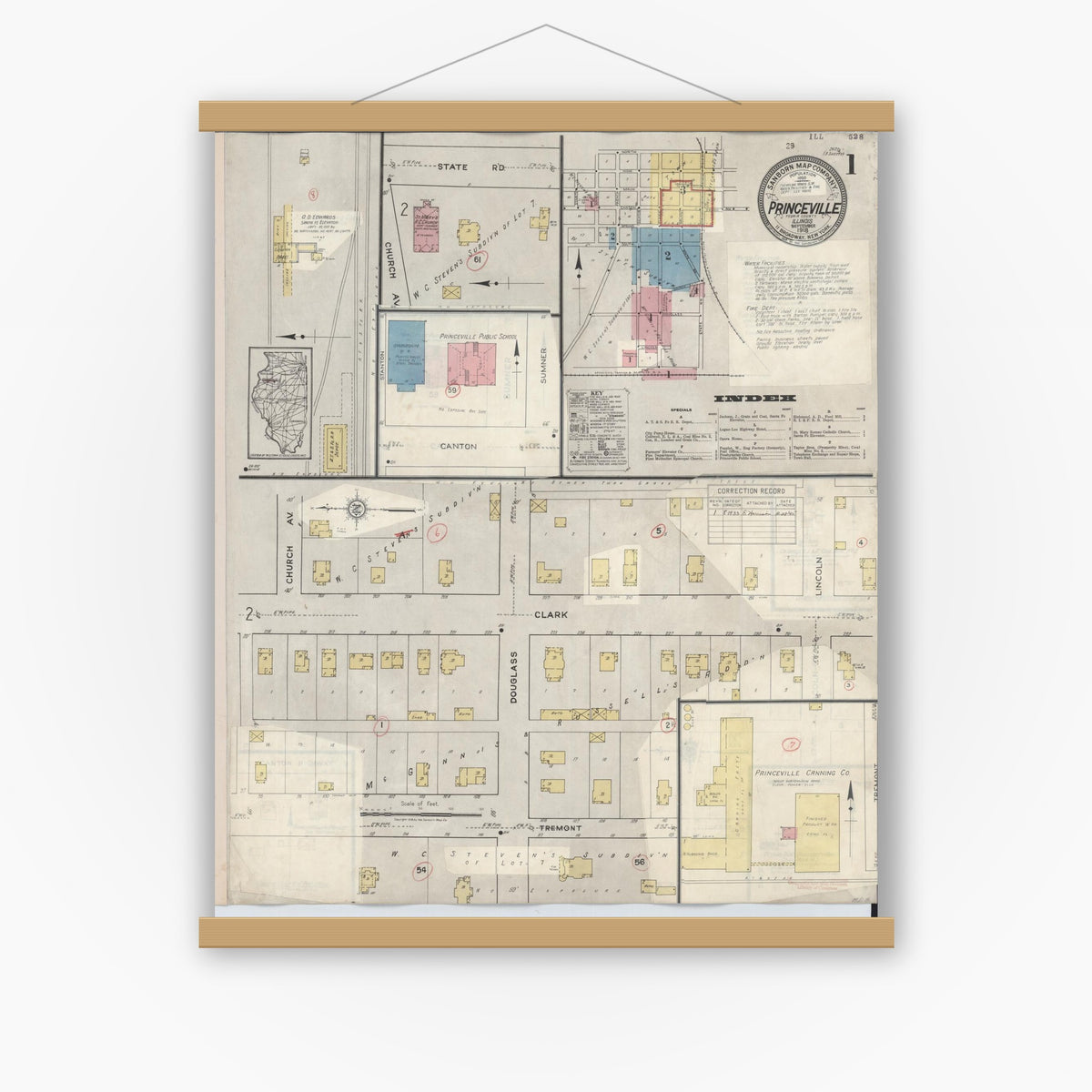 Old map wall art mockup — magnetic wood frame on white wall — Sanborn Fire Insurance Map from Princeville, Peoria County, Illinois (1933), Sheet #0001
