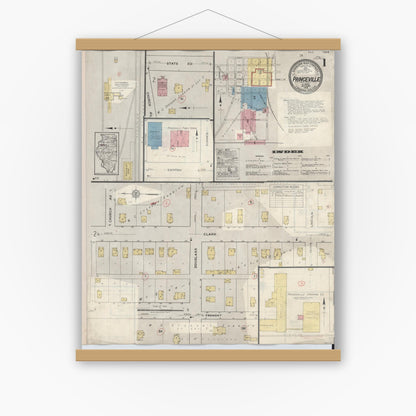 Old map wall art mockup — magnetic wood frame on white wall — Sanborn Fire Insurance Map from Princeville, Peoria County, Illinois (1933), Sheet #0001