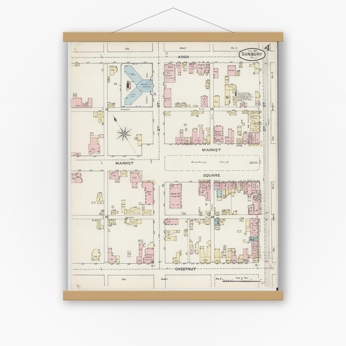 Old map wall art mockup — magnetic wood frame on white wall — Sanborn Fire Insurance Map from Sunbury, Northumberland County, Pennsylvania (1887), Sheet #0004