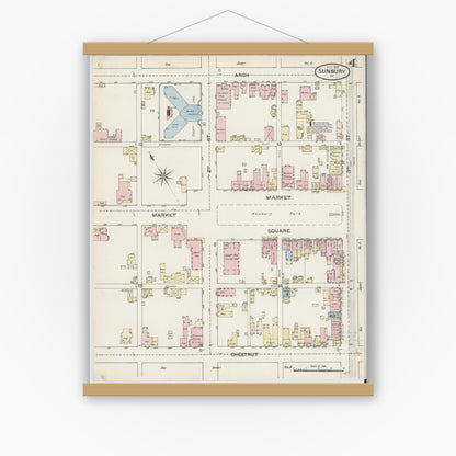Old map wall art mockup — magnetic wood frame on white wall — Sanborn Fire Insurance Map from Sunbury, Northumberland County, Pennsylvania (1887), Sheet #0004