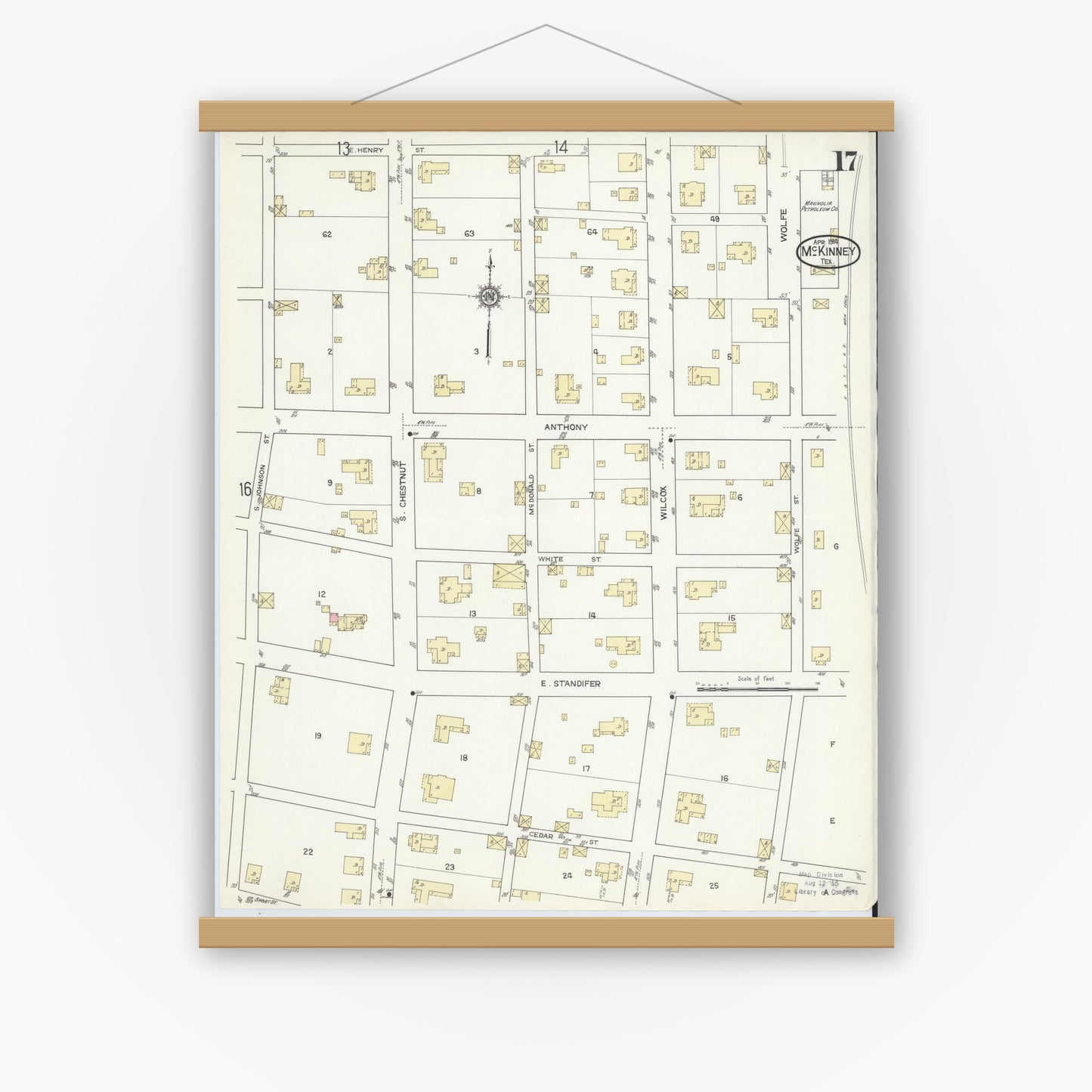 Old map wall art mockup — magnetic wood frame on white wall — Sanborn Fire Insurance Map from McKinney, Collin County, Texas (1914), Sheet #0017