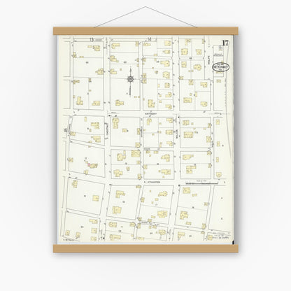 Old map wall art mockup — magnetic wood frame on white wall — Sanborn Fire Insurance Map from McKinney, Collin County, Texas (1914), Sheet #0017