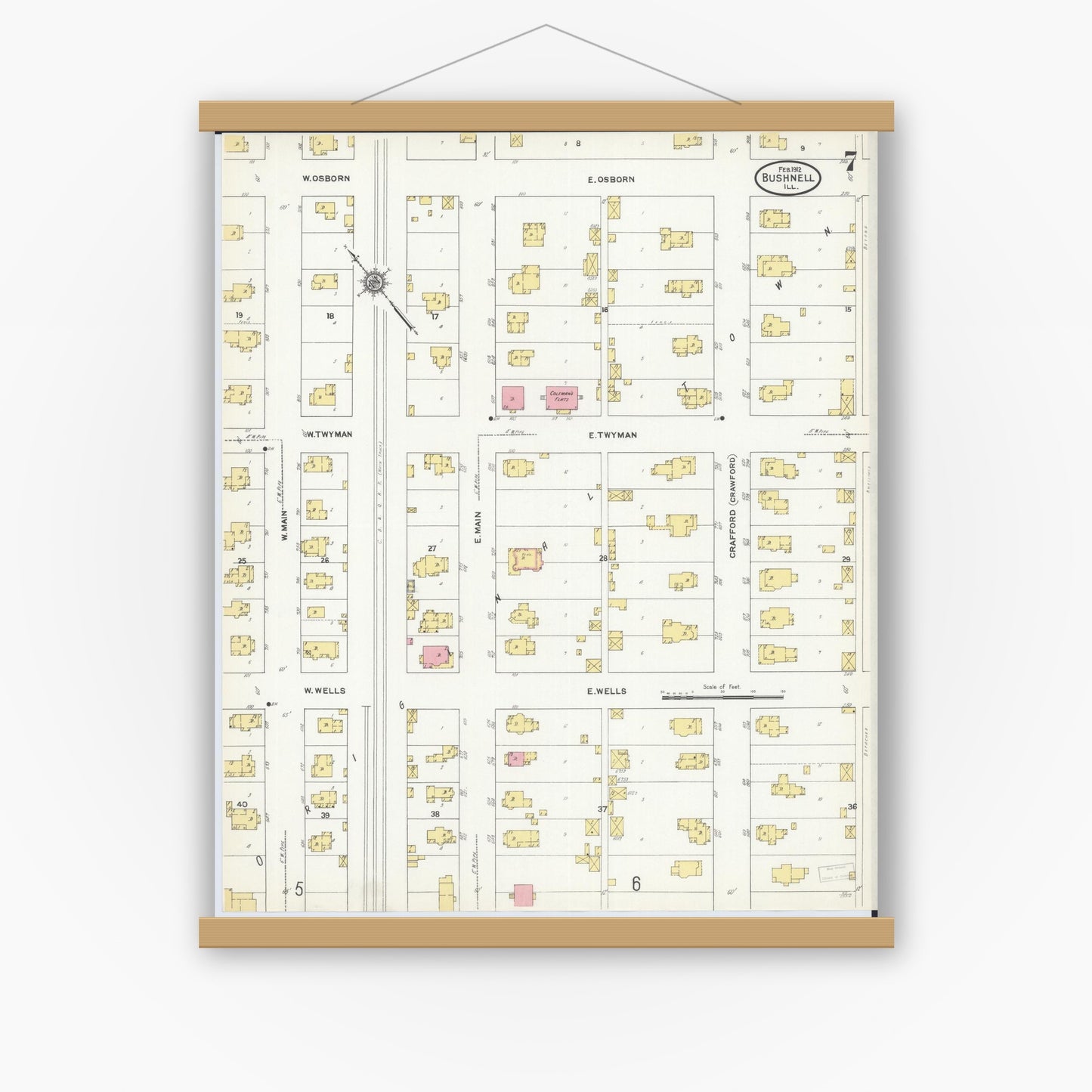 Old map wall art mockup — magnetic wood frame on white wall — Sanborn Fire Insurance Map from Bushnell, Mcdonough County, Illinois (1912), Sheet #0007