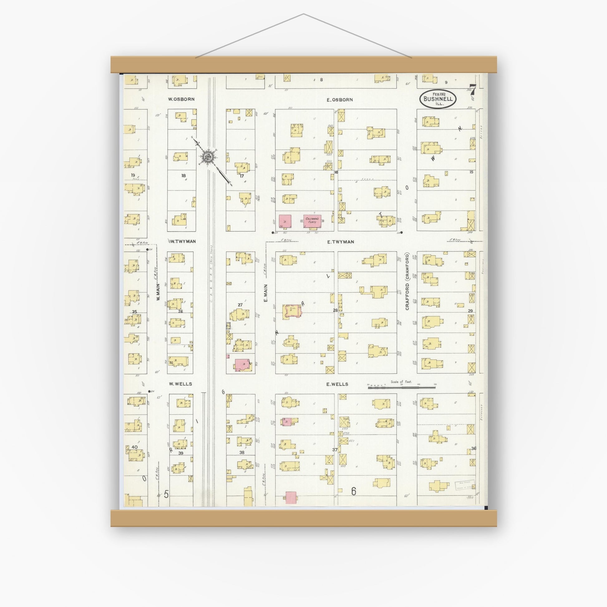 Old map wall art mockup — magnetic wood frame on white wall — Sanborn Fire Insurance Map from Bushnell, Mcdonough County, Illinois (1912), Sheet #0007