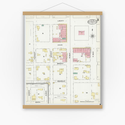 Old map wall art mockup — magnetic wood frame on white wall — Sanborn Fire Insurance Map from Gainesville, Alachua County, Florida (1892), Sheet #0003