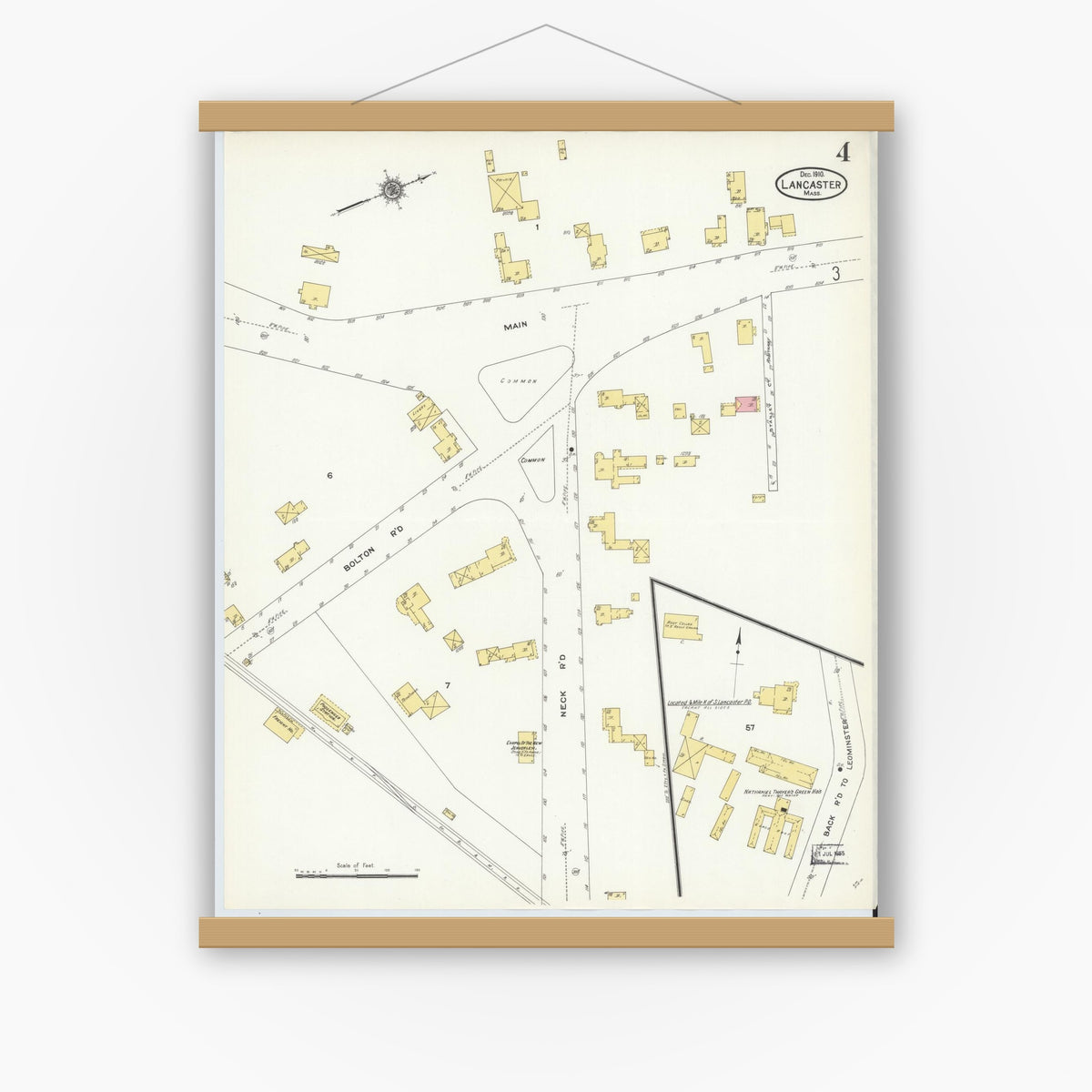 Old map wall art mockup — magnetic wood frame on white wall — Sanborn Fire Insurance Map from Lancaster, Worcester County, Massachusetts (1910), Sheet #0004