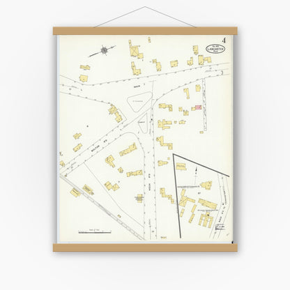 Old map wall art mockup — magnetic wood frame on white wall — Sanborn Fire Insurance Map from Lancaster, Worcester County, Massachusetts (1910), Sheet #0004