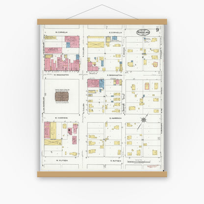 Old map wall art mockup — magnetic wood frame on white wall — Sanborn Fire Insurance Map from Rensselaer, Jasper County, Indiana (1921), Sheet #0009