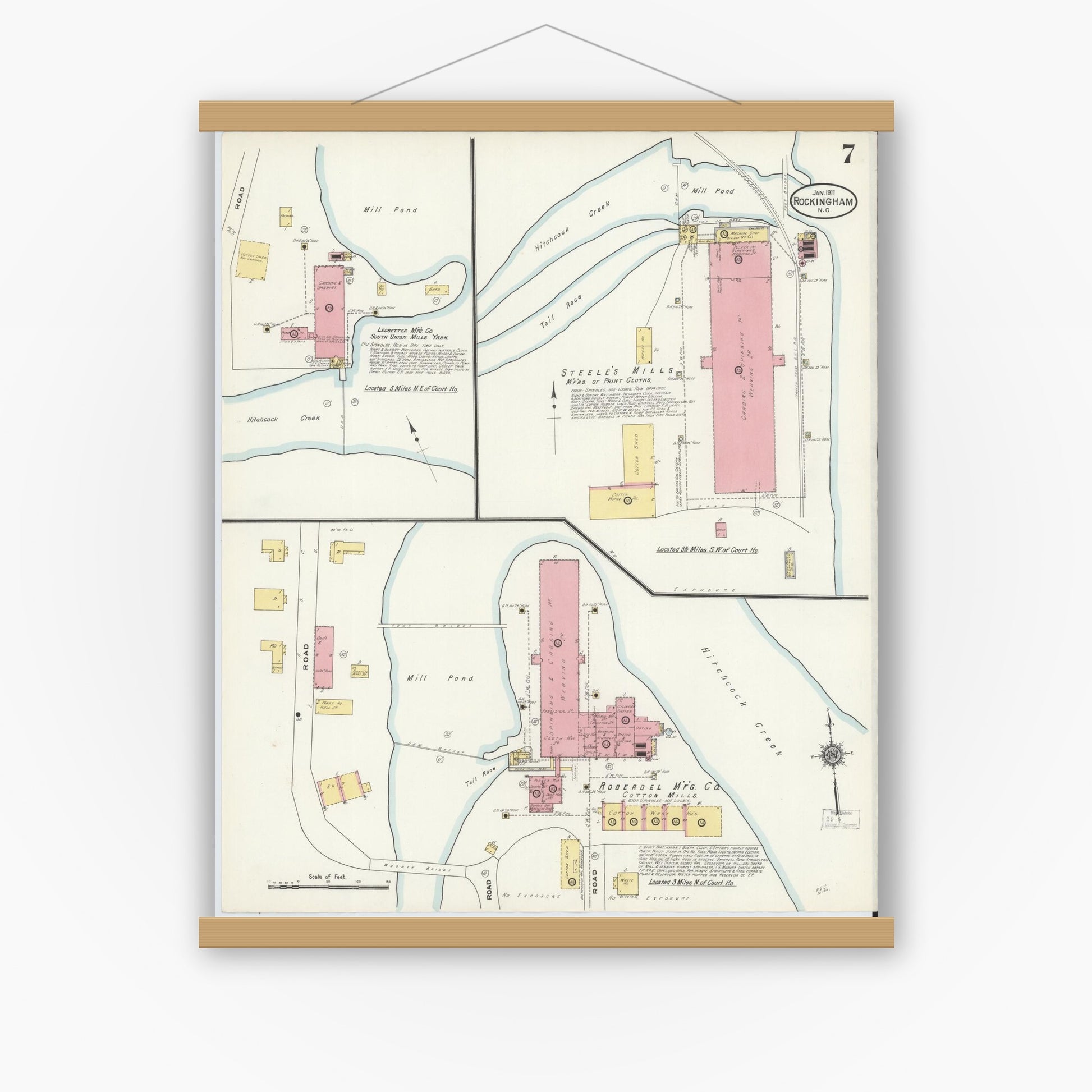 Old map wall art mockup — magnetic wood frame on white wall — Sanborn Fire Insurance Map from Rockingham, Richmond County, North Carolina (1911), Sheet #0007