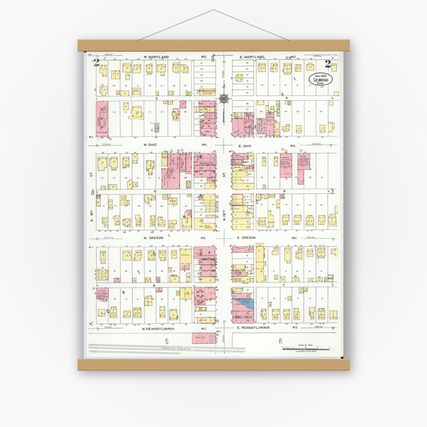 Old map wall art mockup — magnetic wood frame on white wall — Sanborn Fire Insurance Map from Sebring, Mahoning County, Ohio (1923), Sheet #0002