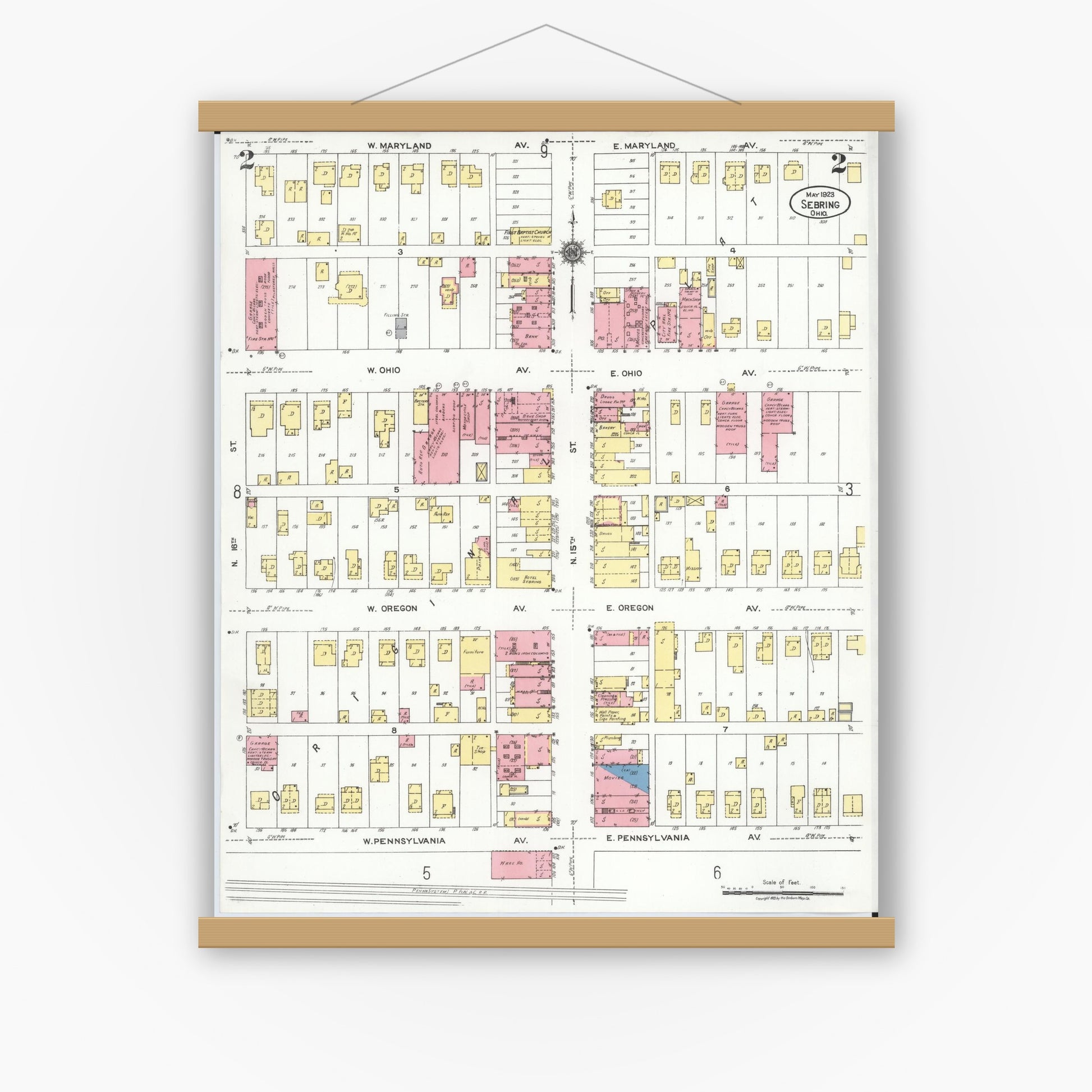 Old map wall art mockup — magnetic wood frame on white wall — Sanborn Fire Insurance Map from Sebring, Mahoning County, Ohio (1923), Sheet #0002
