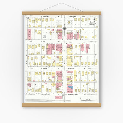 Old map wall art mockup — magnetic wood frame on white wall — Sanborn Fire Insurance Map from Sebring, Mahoning County, Ohio (1923), Sheet #0002