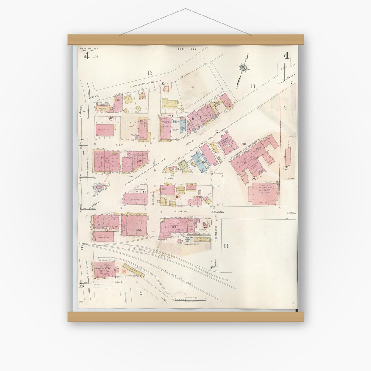 Old map wall art mockup — magnetic wood frame on white wall — Sanborn Fire Insurance Map from Palestine, Anderson County, Texas (1949), Sheet #0004