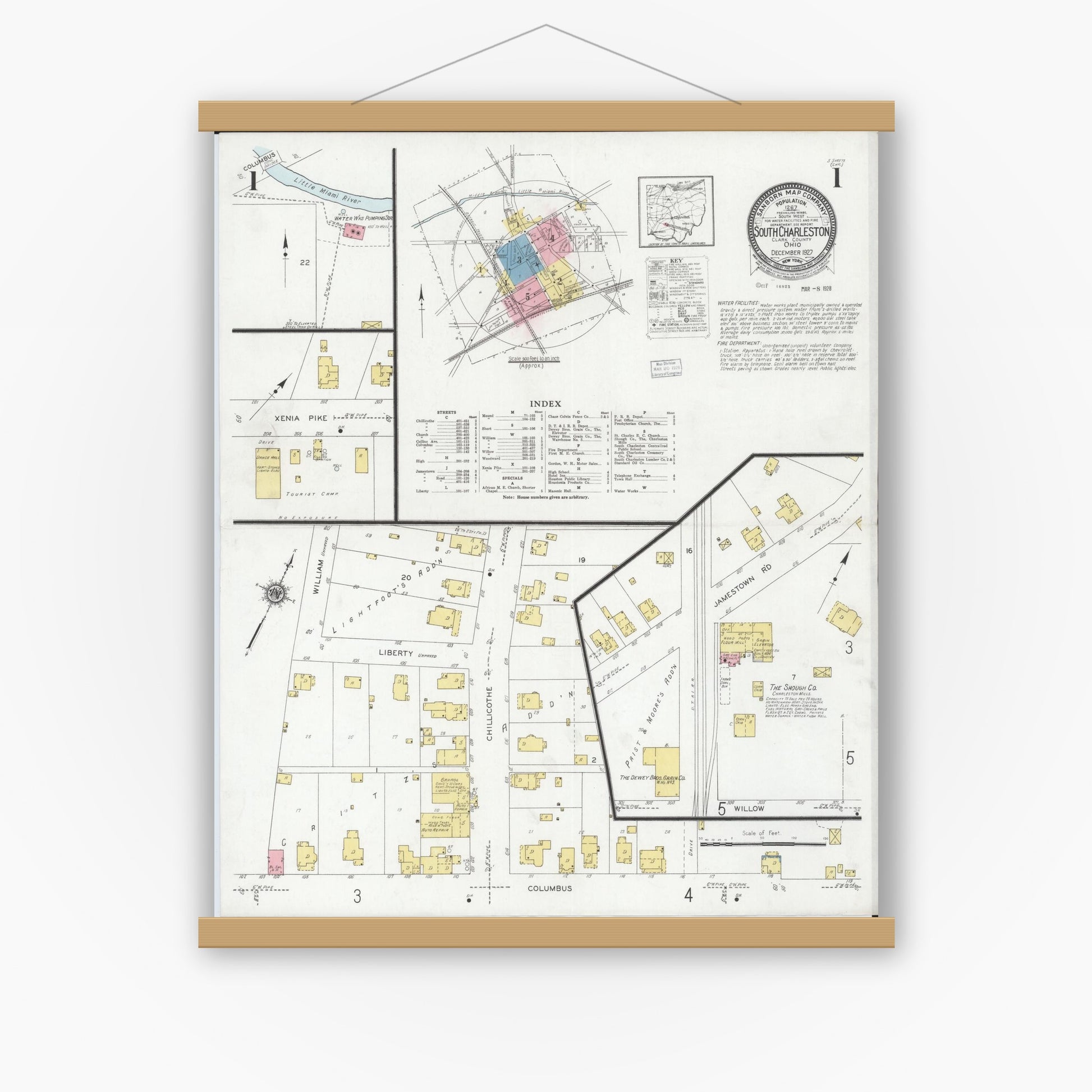 Old map wall art mockup — magnetic wood frame on white wall — Sanborn Fire Insurance Map from South Charleston, Clark County, Ohio (1927) - Complete Map Set