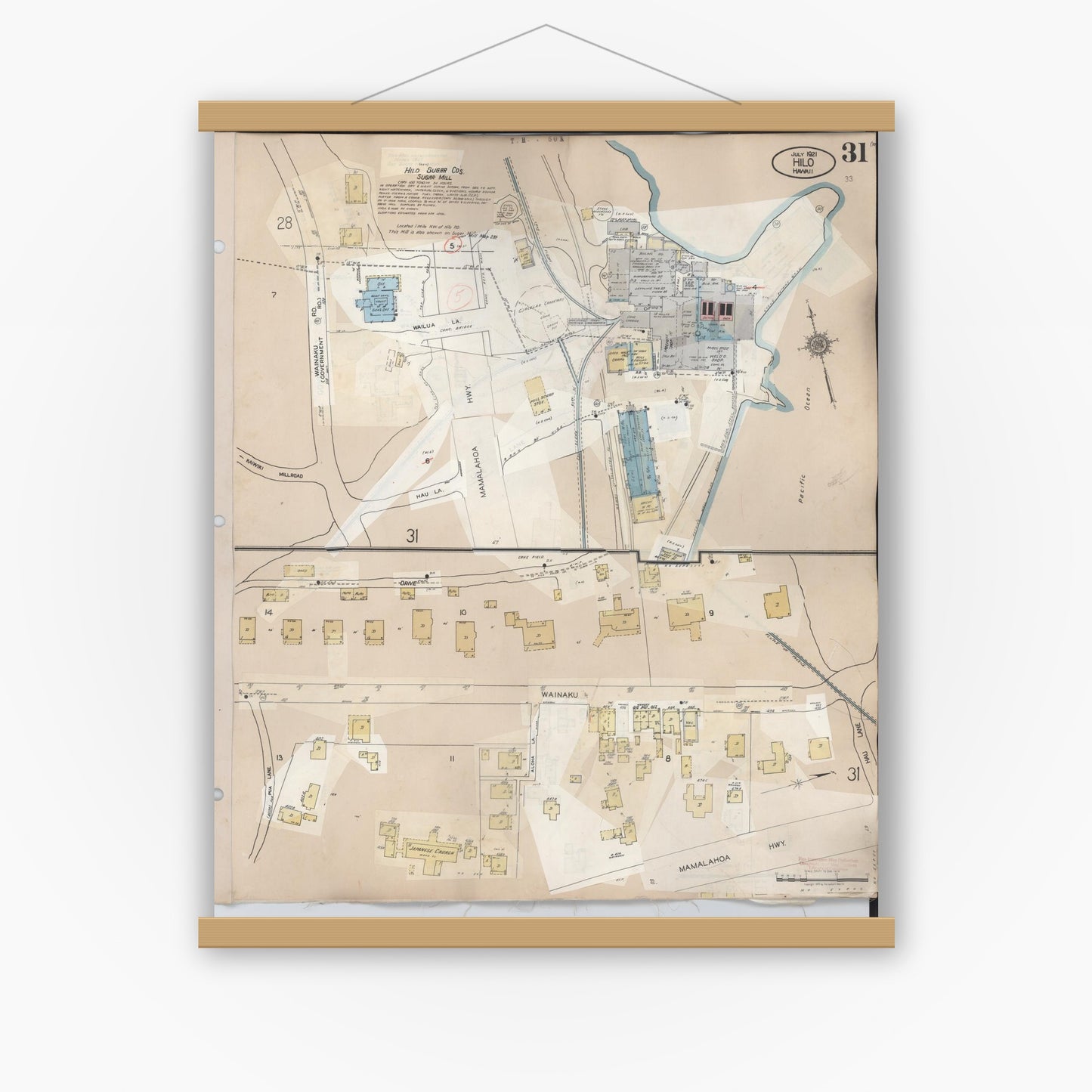Old map wall art mockup — magnetic wood frame on white wall — Sanborn Fire Insurance Map from Hilo, Hawaii County, Hawaii (1957), Sheet #0031