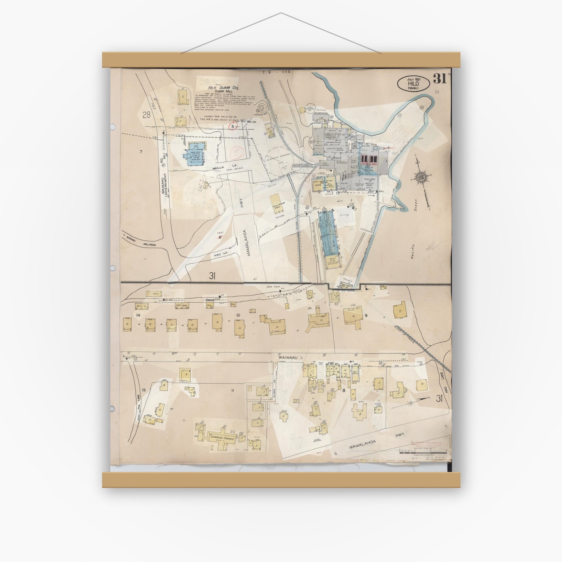 Old map wall art mockup — magnetic wood frame on white wall — Sanborn Fire Insurance Map from Hilo, Hawaii County, Hawaii (1957), Sheet #0031