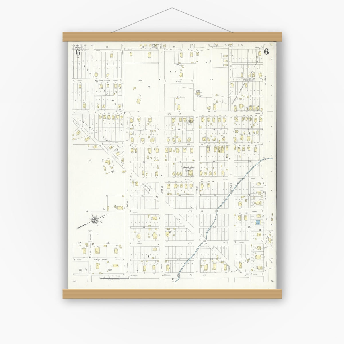 Old map wall art mockup — magnetic wood frame on white wall — Sanborn Fire Insurance Map from Silsbee, Hardin County, Texas (1937), Sheet #0006