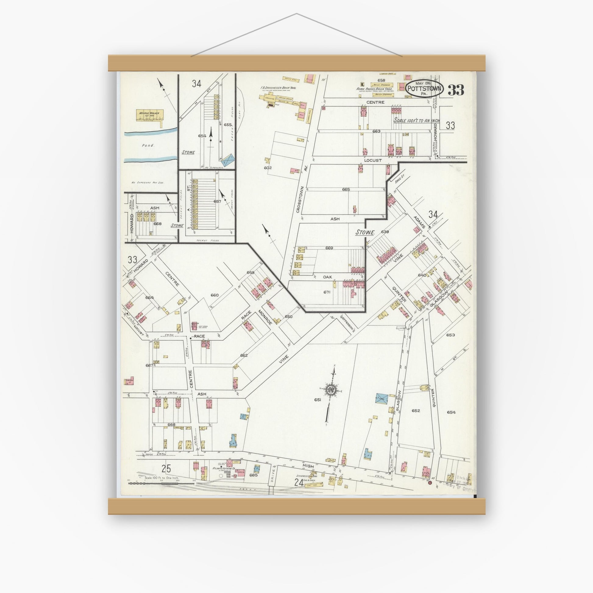 Old map wall art mockup — magnetic wood frame on white wall — Sanborn Fire Insurance Map from Pottstown, Montgomery County, Pennsylvania (1916), Sheet #0033