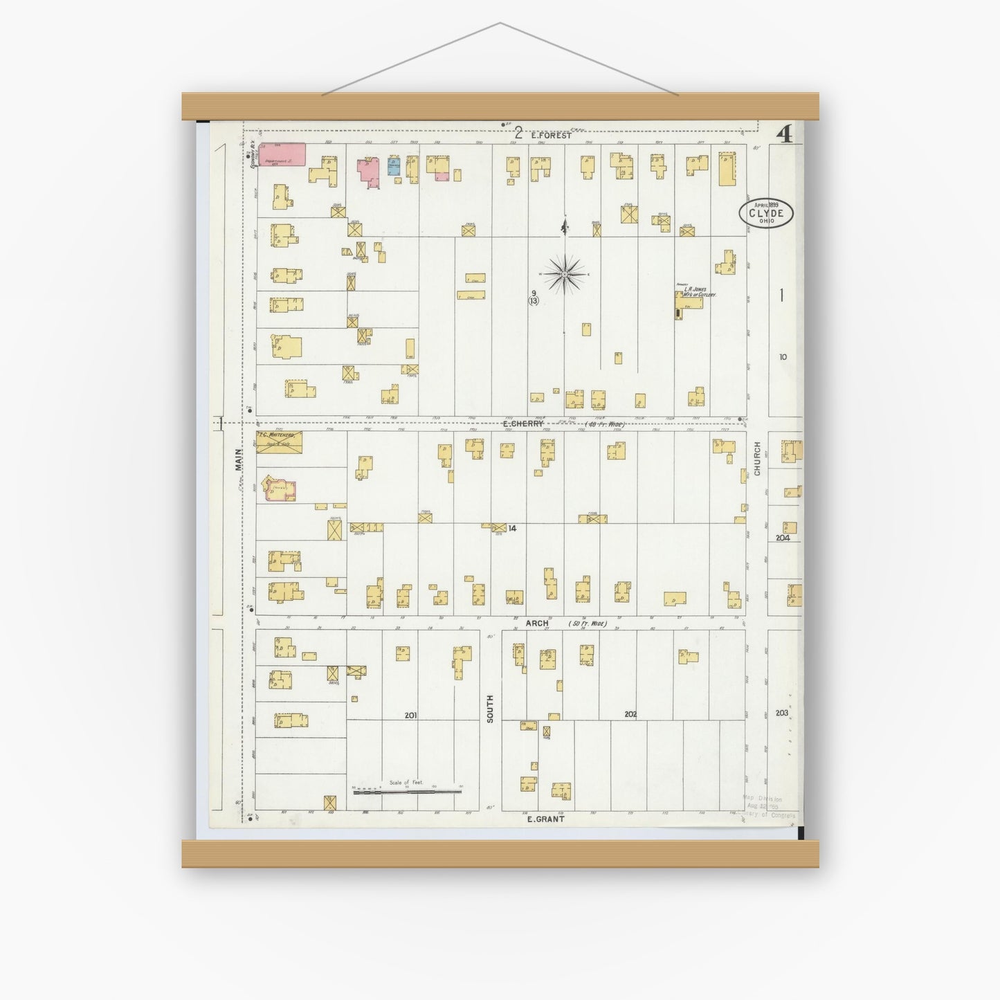 Old map wall art mockup — magnetic wood frame on white wall — Sanborn Fire Insurance Map from Clyde, Sandusky County, Ohio (1899), Sheet #0004