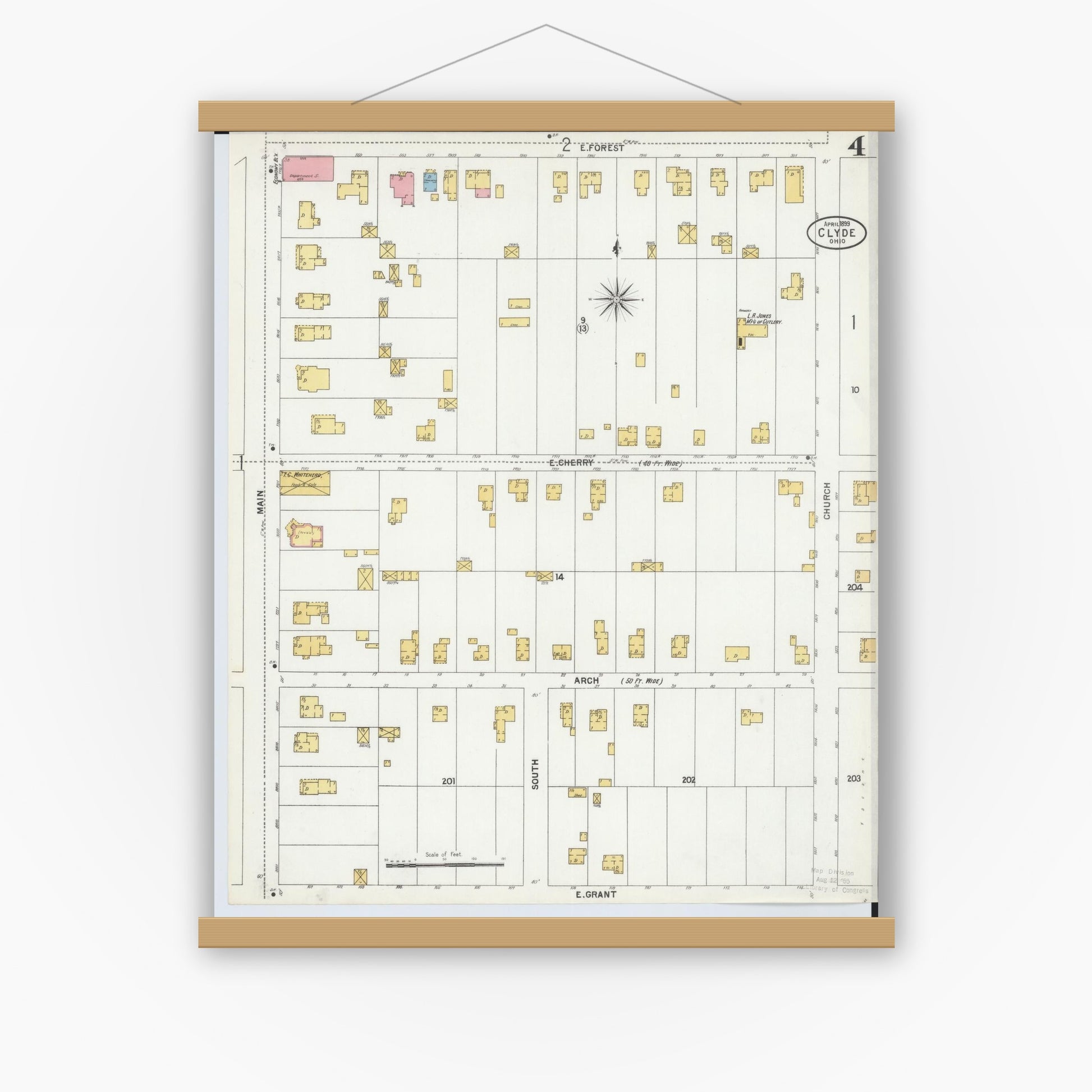 Old map wall art mockup — magnetic wood frame on white wall — Sanborn Fire Insurance Map from Clyde, Sandusky County, Ohio (1899), Sheet #0004