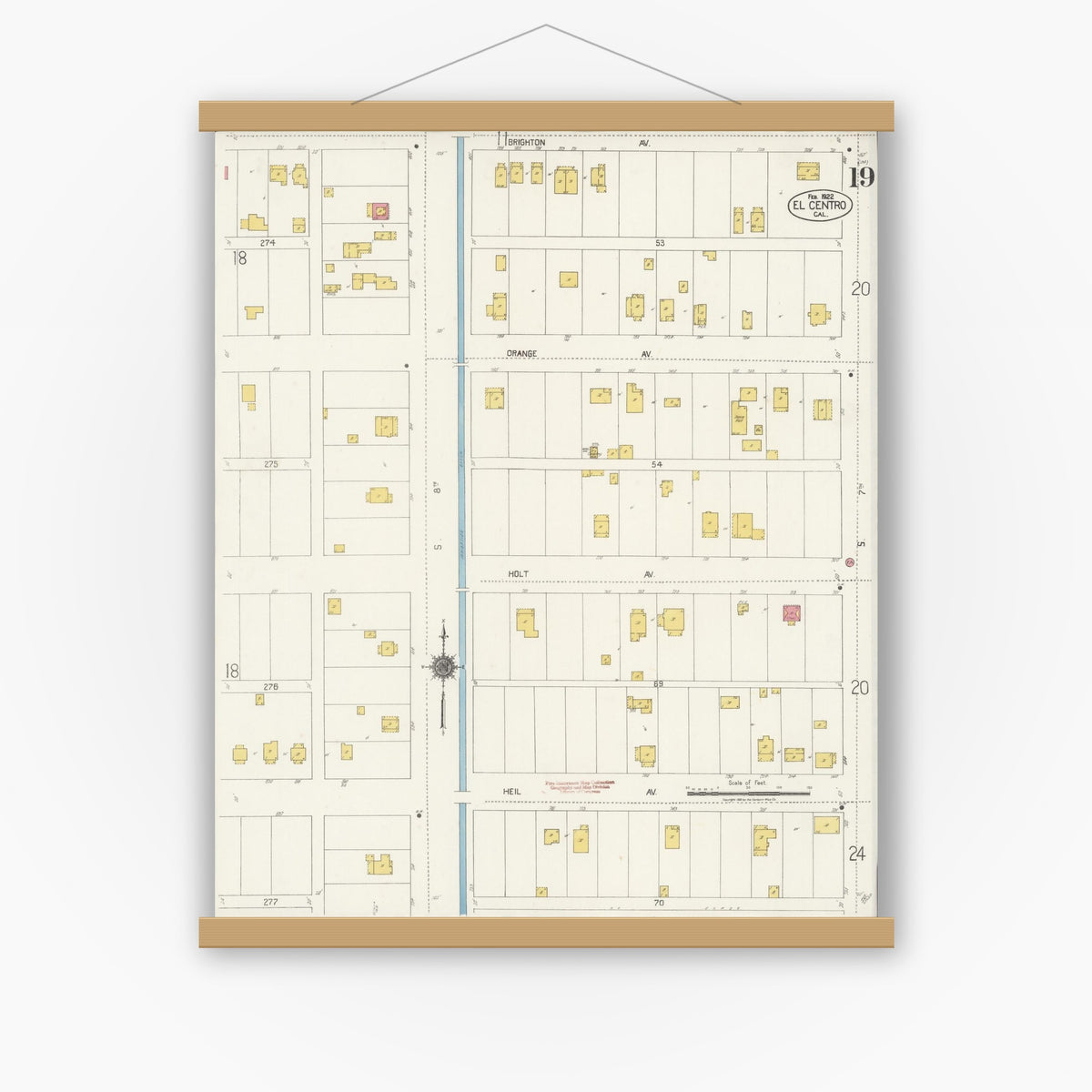 Old map wall art mockup — magnetic wood frame on white wall — Sanborn Fire Insurance Map from El Centro, Imperial County, California (1922), Sheet #0019