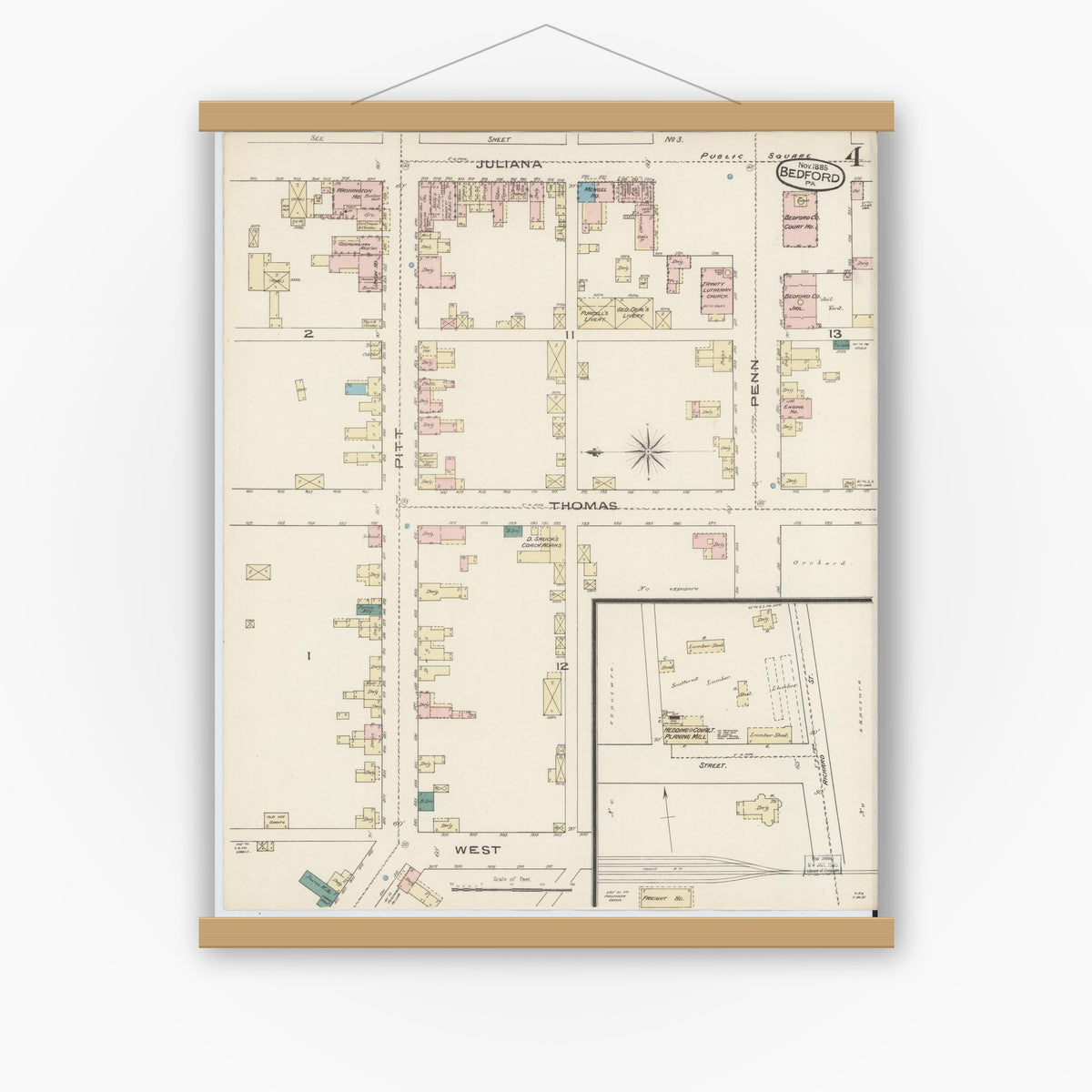 Old map wall art mockup — magnetic wood frame on white wall — Sanborn Fire Insurance Map from Bedford, Bedford County, Pennsylvania (1885), Sheet #0004