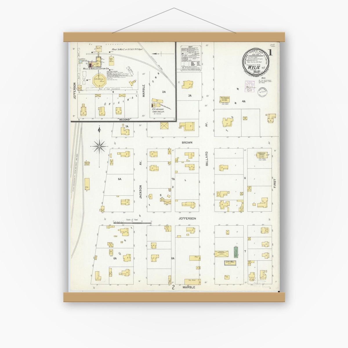 Old map wall art mockup — magnetic wood frame on white wall — Sanborn Fire Insurance Map from Wolfe City, Hunt County, Texas (1901) - Complete Map Set