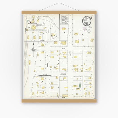Old map wall art mockup — magnetic wood frame on white wall — Sanborn Fire Insurance Map from Wolfe City, Hunt County, Texas (1901) - Complete Map Set