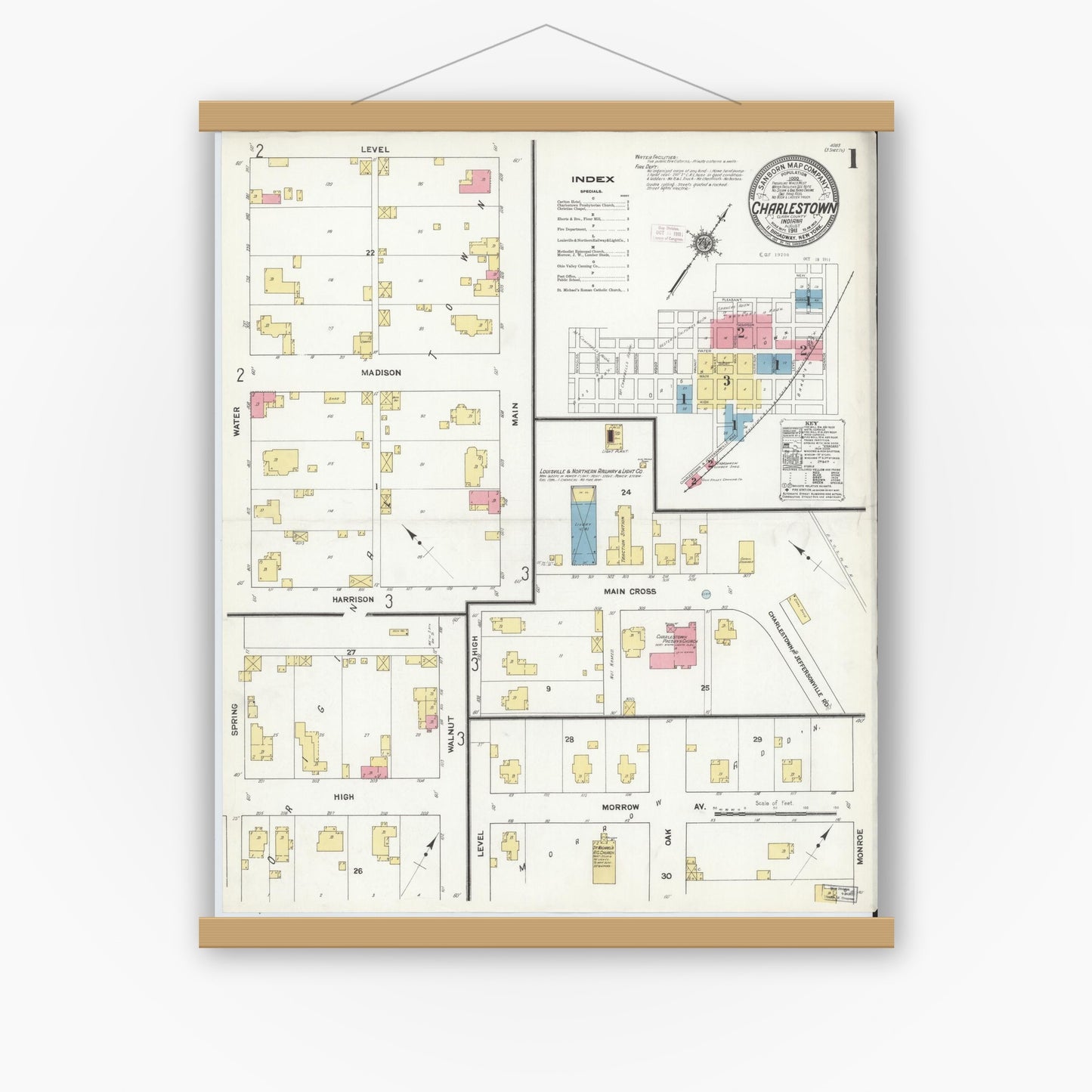 Old map wall art mockup — magnetic wood frame on white wall — Sanborn Fire Insurance Map from Charlestown, Clark County, Indiana (1911) - Complete Map Set